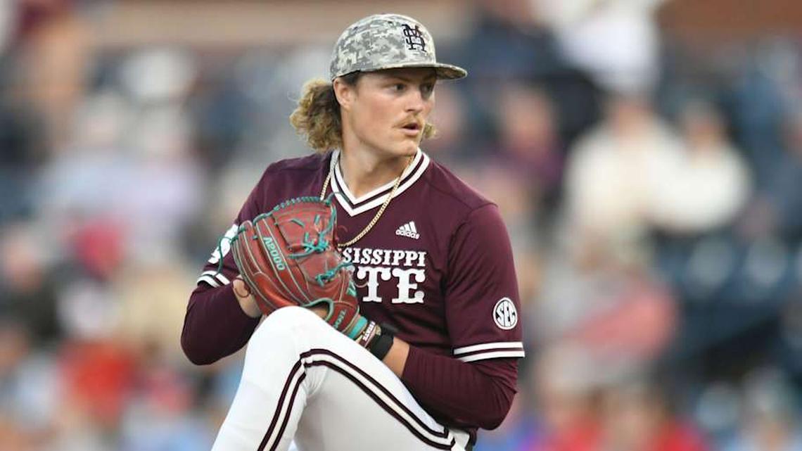  Mississippi State pitcher Khal Stephen (14) pitches against Ole Miss at Swayze Field in Oxford, Miss., on Friday, Apr. 12, 2024. | Bruce Newman/Special to the Clarion Ledger / USA TODAY NETWORK 