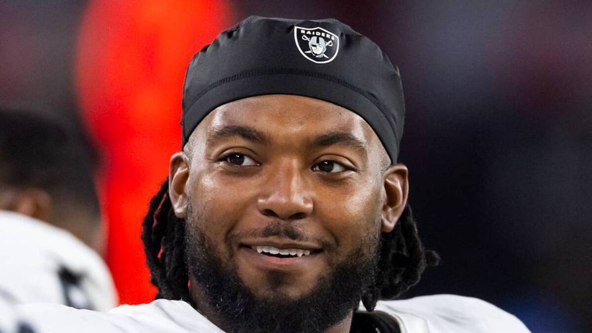 Aug 23, 2025; Glendale, Arizona, USA; Las Vegas Raiders defensive tackle Adam Butler (69) against the Arizona Cardinals during a preseason NFL game at State Farm Stadium. Mandatory Credit: Mark J. Rebilas-Imagn Images | IMAGN IMAGES via Reuters Connect 