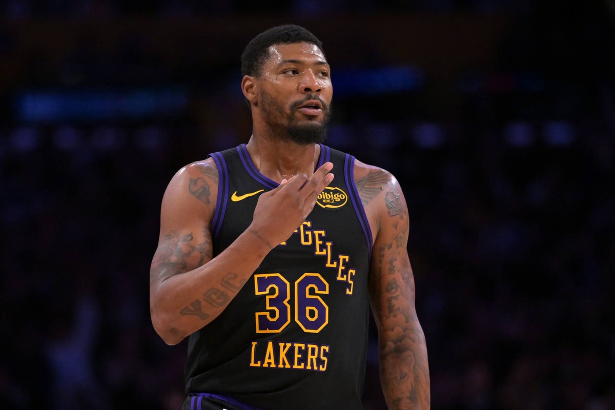  Los Angeles Lakers guard Marcus Smart (36) reacts after a three-point basket in the first half of game two of the first round of the 2026 NBA Playoffs. 