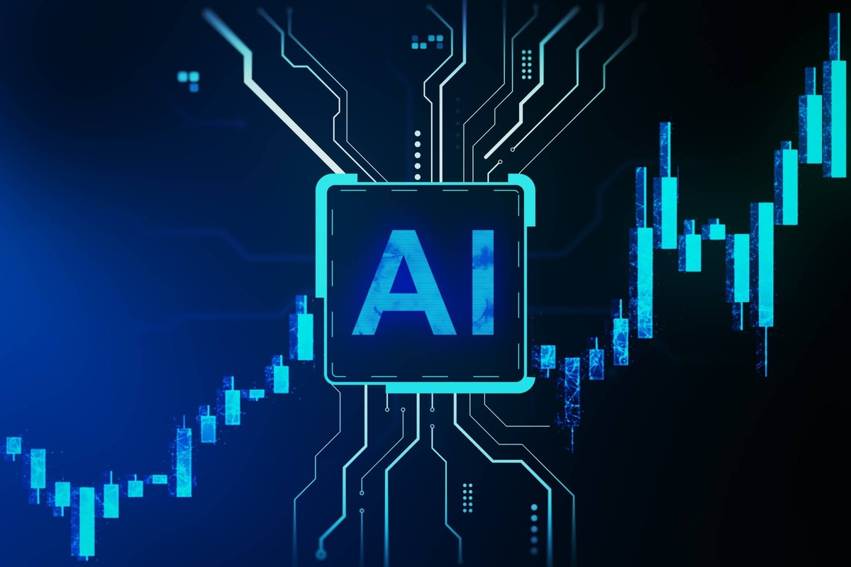  Glowing AI chip with digital circuits and rising candlestick charts on a dark background, representing finance and technology. 3D Rendering 