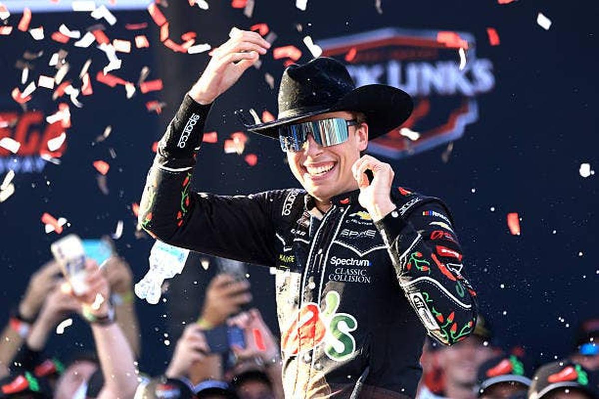  Carson Hocevar after winning the NASCAR Cup Series Race at Talladega. (Photo by Jeff Robinson/Icon Sportswire via Getty Images) (Photo by Jeff Robinson/Icon Sportswire via Getty Images)