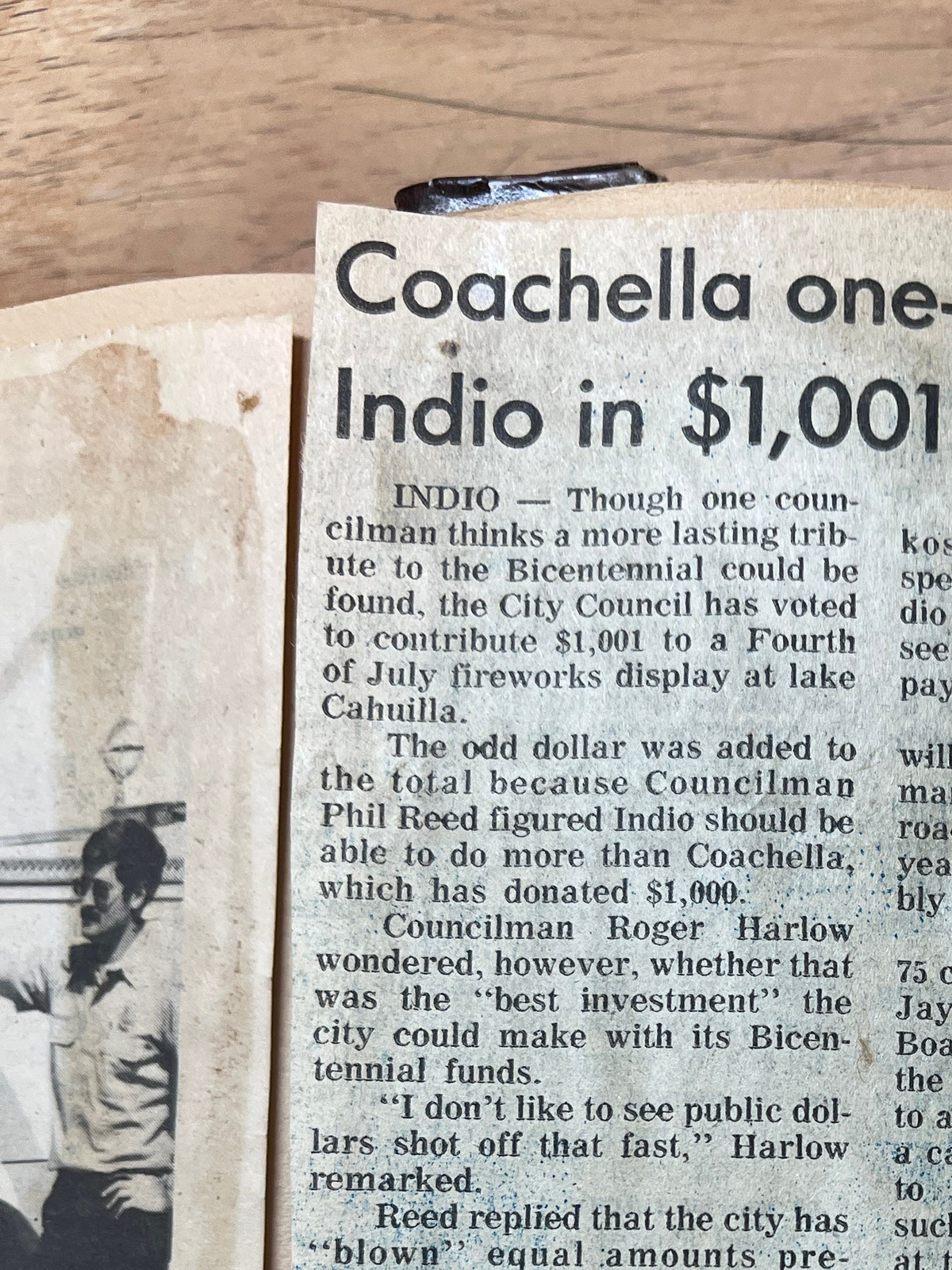 A Daily Enterprise newspaper clipping of a June 4, 1976, story detailing the City of Indio's competition with the City of Coachella over who could contribute more money to the bicentennial fireworks show.