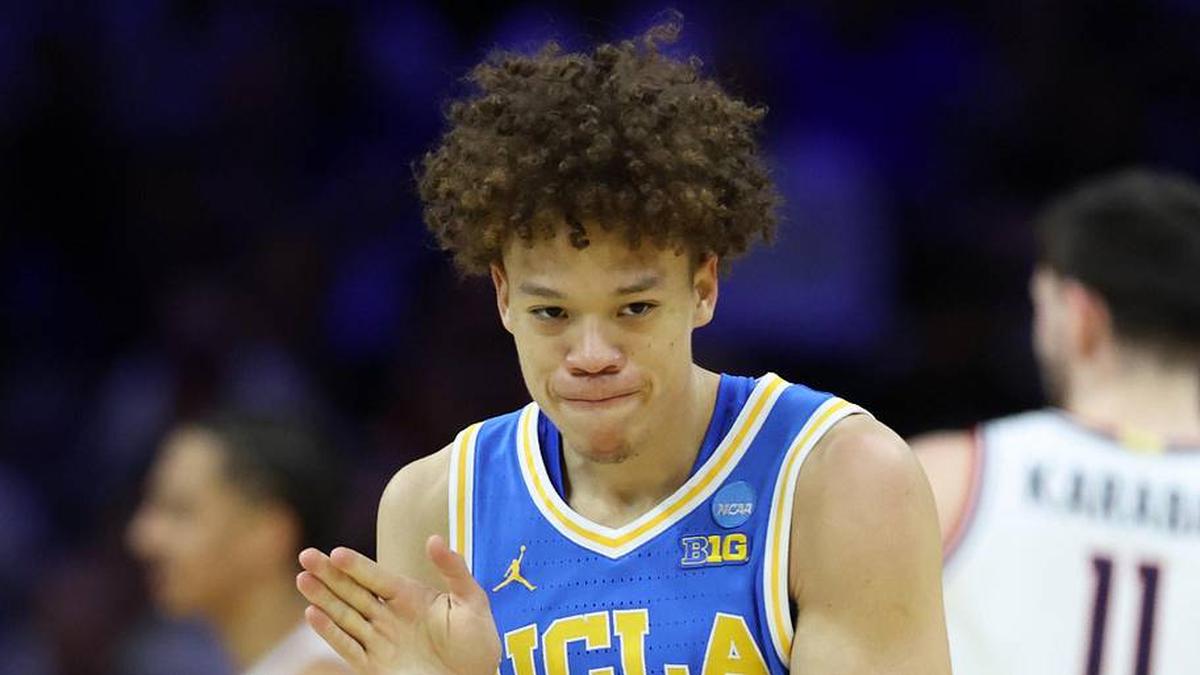  Mar 22, 2026; Philadelphia, PA, USA; UCLA Bruins guard Trent Perry (0) reacts against the UConn Huskies in the first half during a second round game of the men's 2026 NCAA Tournament at Xfinity Mobile Arena. Mandatory Credit: Bill Streicher-Imagn Images | Bill Streicher-Imagn Images 