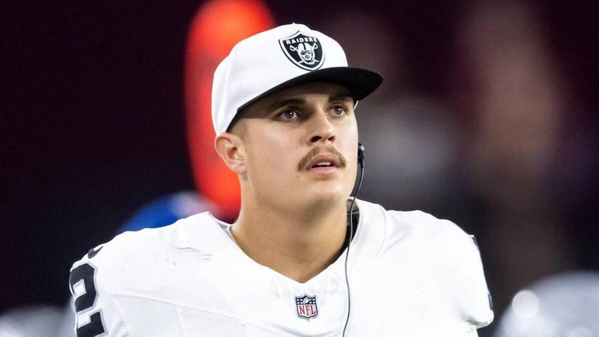  Aug 23, 2025; Glendale, Arizona, USA; Las Vegas Raiders quarterback Aidan O'Connell (12) against the Arizona Cardinals during a preseason NFL game at State Farm Stadium. Mandatory Credit: Mark J. Rebilas-Imagn Images | Mark J. Rebilas-Imagn Images 