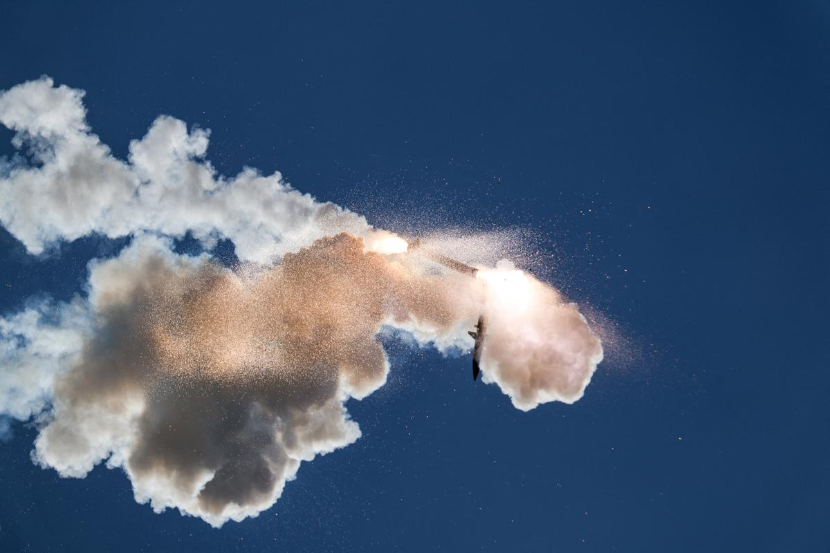A faulty interceptor missile launched by Israel’s Iron Dome anti-missile system disintegrates above southern Lebanon, shortly after being launched by Israel, as seen from the israeli side of the Israel-Lebanon border, in northern Israel, June 1, 2026. REUTERS/Amir Cohen