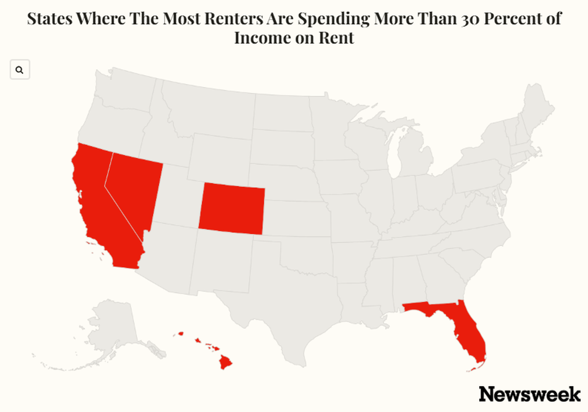  A map shows states with the highest percentage of renters spending more than 30 percent of their income on housing, according to Census and Department of Housing and Urban Development data. (Newsweek) 