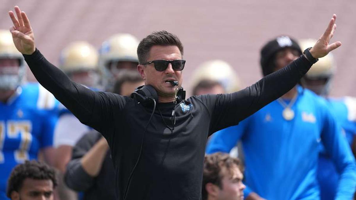  May 2, 2026; Pasadena, CA, USA; UCLA Bruins coach Bob Chesney reacts during the spring game at Rose Bowl. Mandatory Credit: Kirby Lee-Imagn Images | Kirby Lee-Imagn Images 