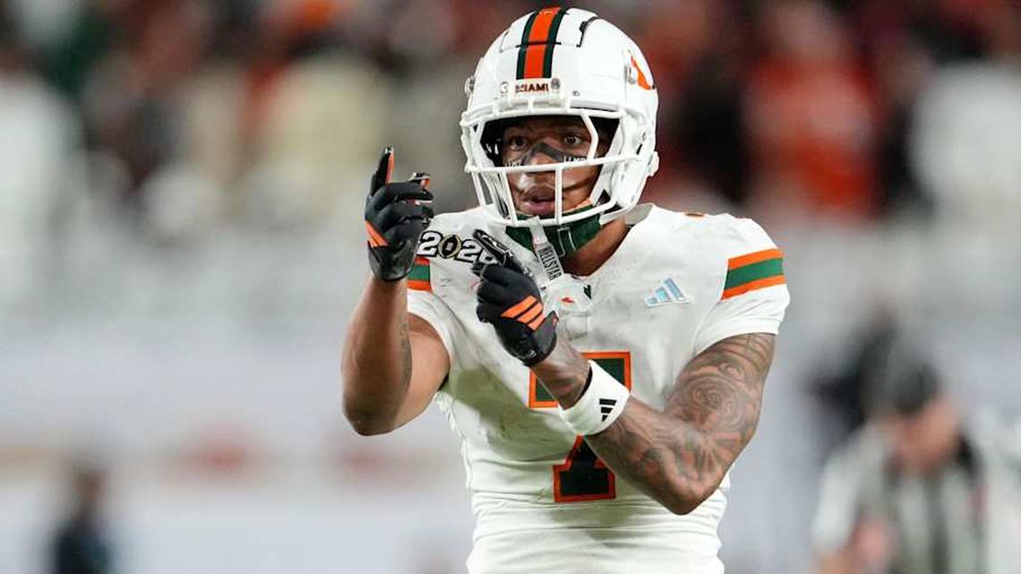  Miami Hurricanes wide receiver CJ Daniels (7) reacts after a run against the Indiana Hoosiers during the second half of the College Football Playoff National Championship game at Hard Rock Stadium. Mandatory Credit: Kirby Lee-Imagn Images | Kirby Lee-Imagn Images 