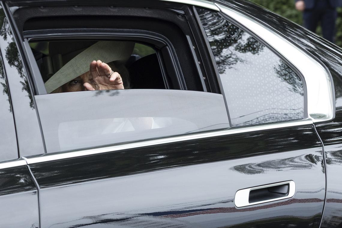Queen Camilla waves as she and King Charles III depart after a visit to the White House in Washington, on Tuesday, April 28, 2026. (Anna Rose Layden/The New York Times)
