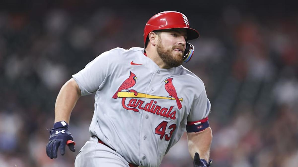  St. Louis Cardinals catcher Pedro Pages (43) runs to first base on a hit during the fourth inning against the Houston Astros at Daikin Park. | Troy Taormina-Imagn Images 