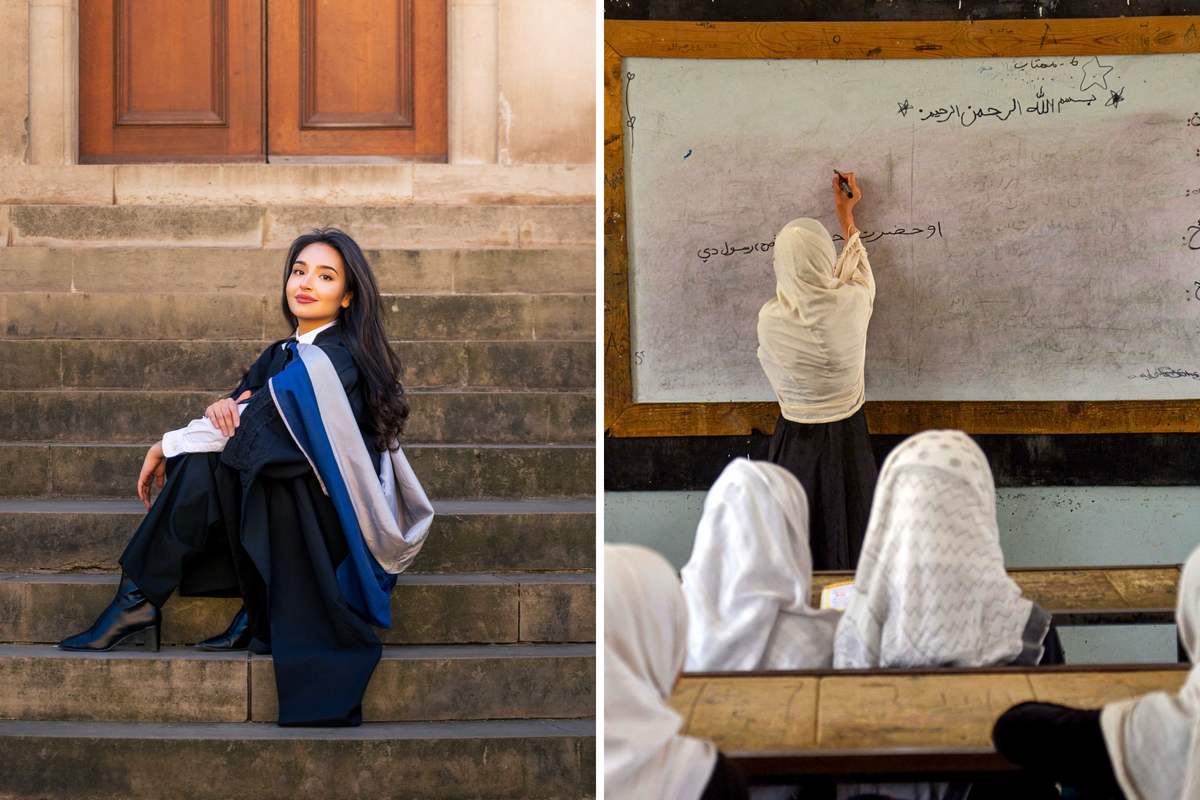  Sara Wahedi (L) graduates from Oxford University; and a small group of Afghan girls (R) at an elementary school in Kandahar on September 7, 2025.  