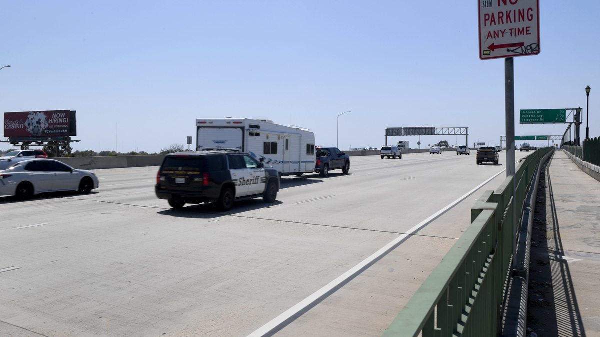 The Highway 101 bridge over the Santa Clara River, seen in 2022, stands at the boundary between Oxnard and Ventura.