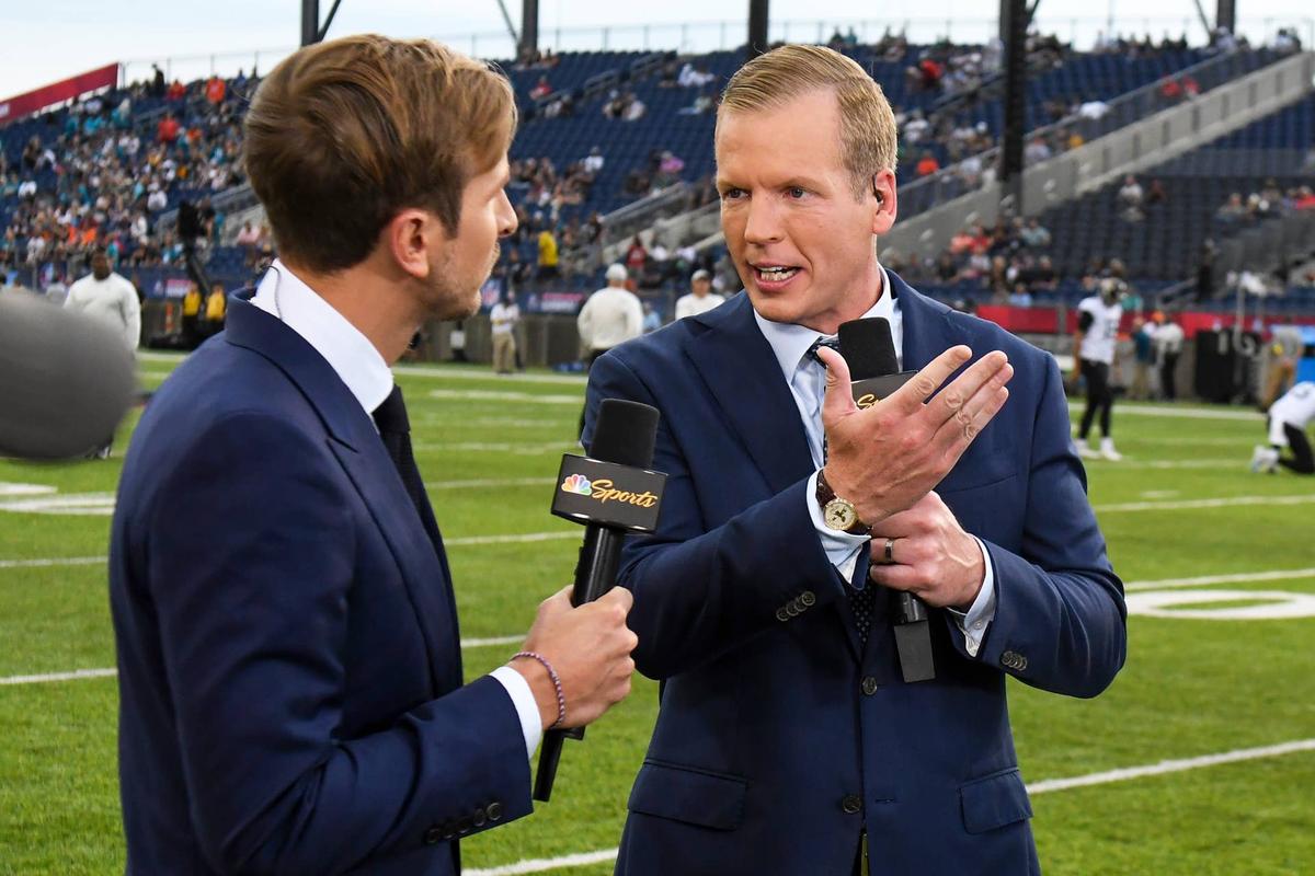  CANTON, OH - AUGUST 04: NBC Sports analyst Chris Simms (R) speaks during a segment prior to the 2022 Pro Football Hall of Fame Game between the Jacksonville Jaguars and the Las Vegas Raiders at Tom Benson Hall of Fame Stadium on August 04, 2022 in Canton, Ohio. (Photo by Nick Cammett/Diamond Images via Getty Images) 