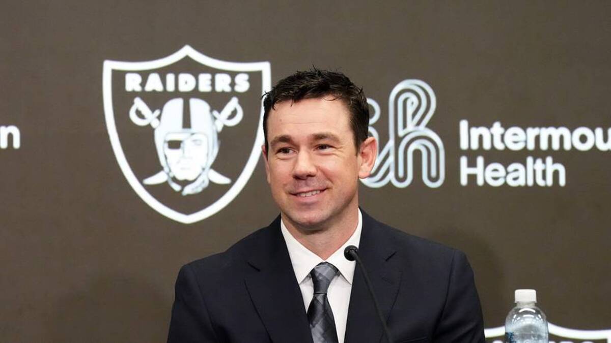  Feb 10, 2026; Henderson, NV, USA; Las Vegas Raiders coach Klint Kubiak speaks at introductory press conference at Intermountain Health Performance Center. Mandatory Credit: Kirby Lee-Imagn Images | Kirby Lee-Imagn Images 