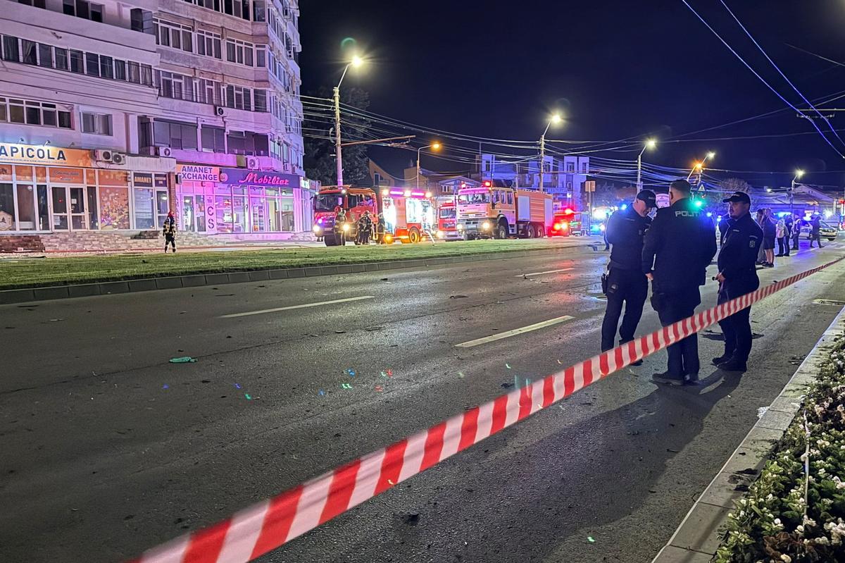 Firefighters and law enforcement work on the site of an explosion at a residential block of flats following a drone hit close to the border with Ukraine, in Galati, Romania, May 29, 2026. Inquam Photos via REUTERS