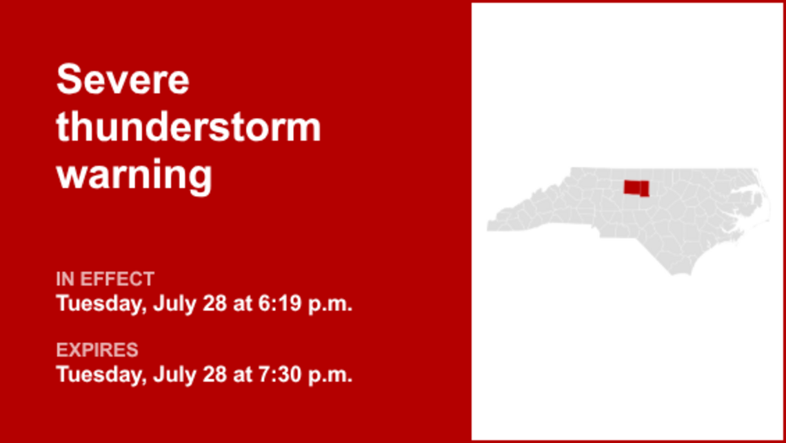 UPDATE: North Carolina placed under a severe thunderstorm warning Tuesday night 