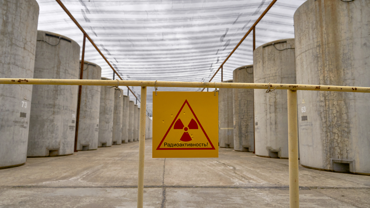 A view of a spent nuclear fuel storage grounds at the Russian-controlled Zaporizhzhia nuclear power plant in southern Ukraine on March 29, 2023.