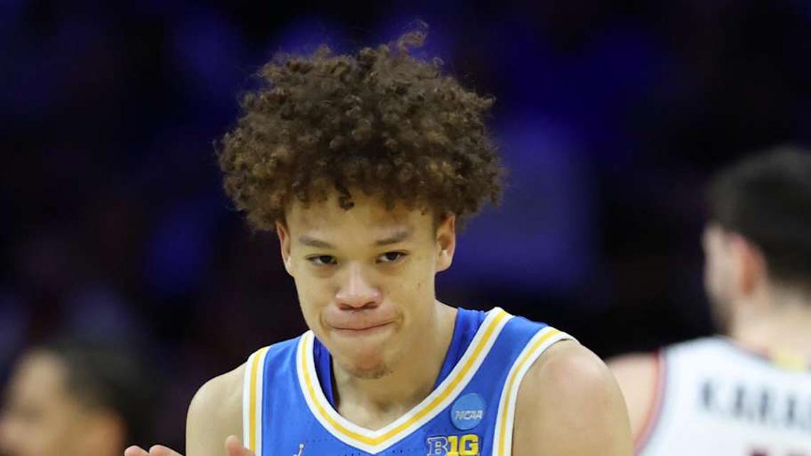  Mar 22, 2026; Philadelphia, PA, USA; UCLA Bruins guard Trent Perry (0) reacts against the UConn Huskies in the first half during a second round game of the men's 2026 NCAA Tournament at Xfinity Mobile Arena. Mandatory Credit: Bill Streicher-Imagn Images | Bill Streicher-Imagn Images 