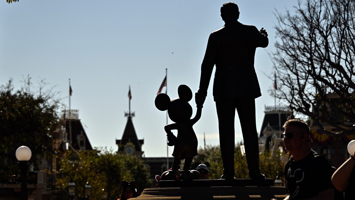 Partners, a 1993 copper statue by Blaine Gibson, depicting Walt Disney holding the hand of Mickey Mouse outside Sleeping Beauty Castle inside Disneyland at the Disneyland Resort Anaheim, CA, on Friday, January 16, 2026. (Photo by Jeff Gritchen, Orange County Register/SCNG)