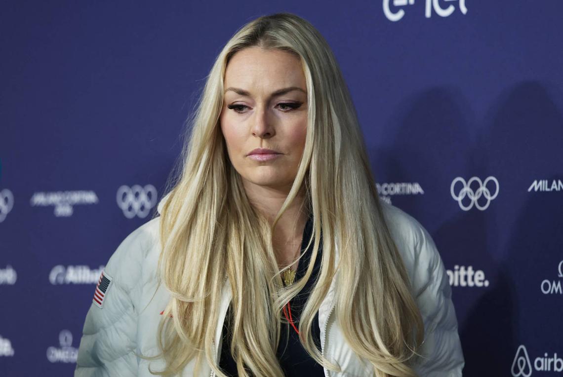  Feb 3, 2026; Cortina d'Ampezzo, ITALY; Lindsey Vonn attends a press conference at the Cortina Curling Olympic Stadium in preparation for the Milano Cortina 2026 Olympic Winter Games. Mandatory Credit: Leonhard Foeger/Reuters via Imagn Images 