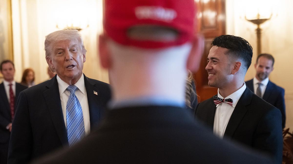 President Donald Trump speaks to business owners during an event for "Small Business Week" in the East Room of the White House in Washington on Monday. Facing pressure to address the economic fallout of his war in Iran, Trump sought to portray his policy wins for small businesses as evidence that he was succeeding in building up the economy.