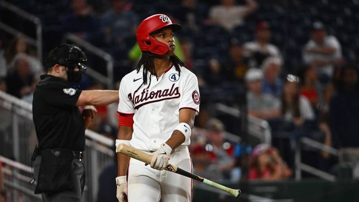  Jun 2, 2026; Washington, District of Columbia, USA; Washington Nationals shortstop CJ Abrams (5) reacts after striking out against the Miami Marlins during the eighth inning at Nationals Park. | Brad Mills-Imagn Images 