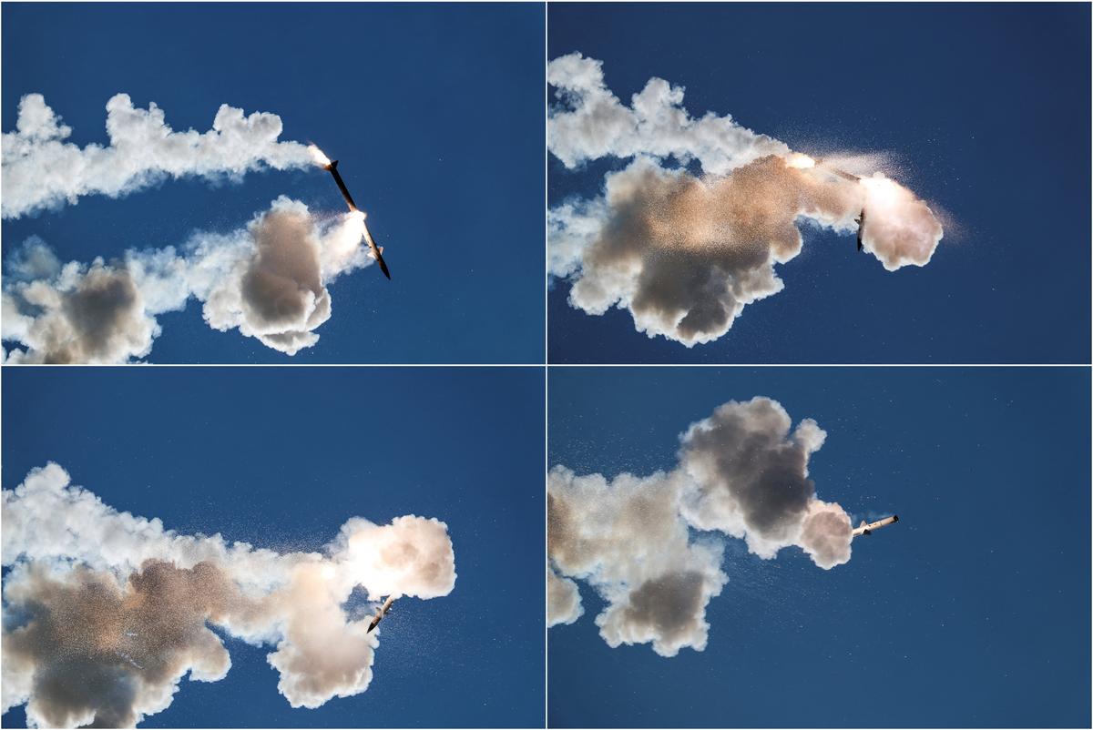 A combination picture shows a faulty interceptor missile launched by Israel’s Iron Dome anti-missile system disintegrating above southern Lebanon, shortly after being launched by Israel, as seen from the Israeli side of the Israel-Lebanon border, in northern Israel, June 1, 2026. REUTERS/Amir Cohen