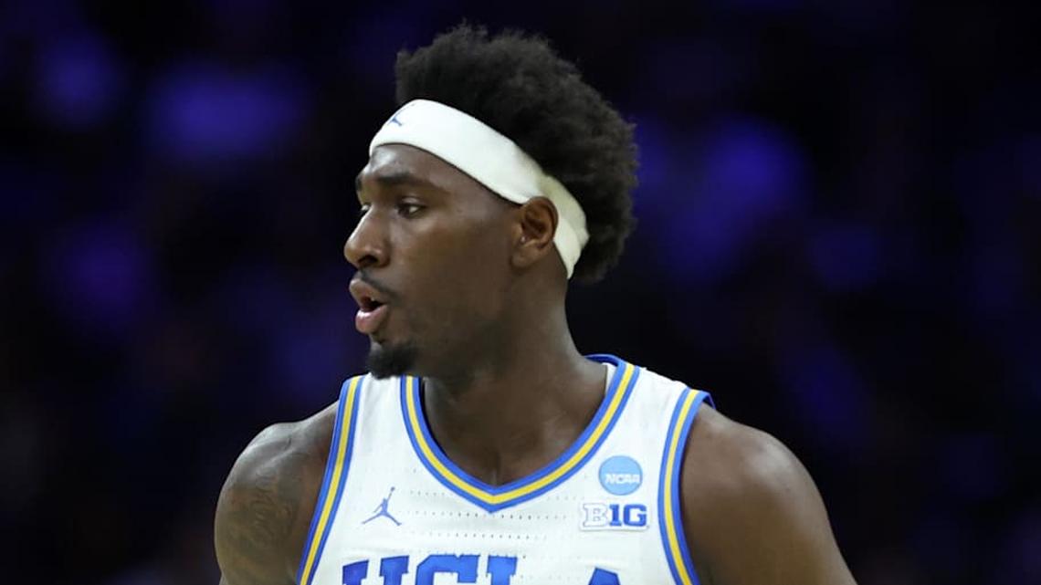  Mar 20, 2026; Philadelphia, PA, USA; UCLA Bruins forward Eric Dailey Jr. (3) reacts against the UCF Knights in the first half during a first round game of the men's 2026 NCAA Tournament at Xfinity Mobile Arena. Mandatory Credit: Bill Streicher-Imagn Images | Bill Streicher-Imagn Images 