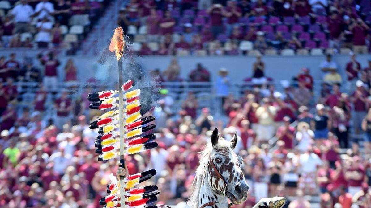  Sep 23, 2017; Tallahassee, FL, USA; Florida State Seminoles symbol Chief Osceola and Renegade plant the spear at midfield before the start of a game against the North Carolina State Wolfpack at Doak Campbell Stadium. Mandatory Credit: Melina Vastola-Imagn Images | Melina Vastola-Imagn Images 