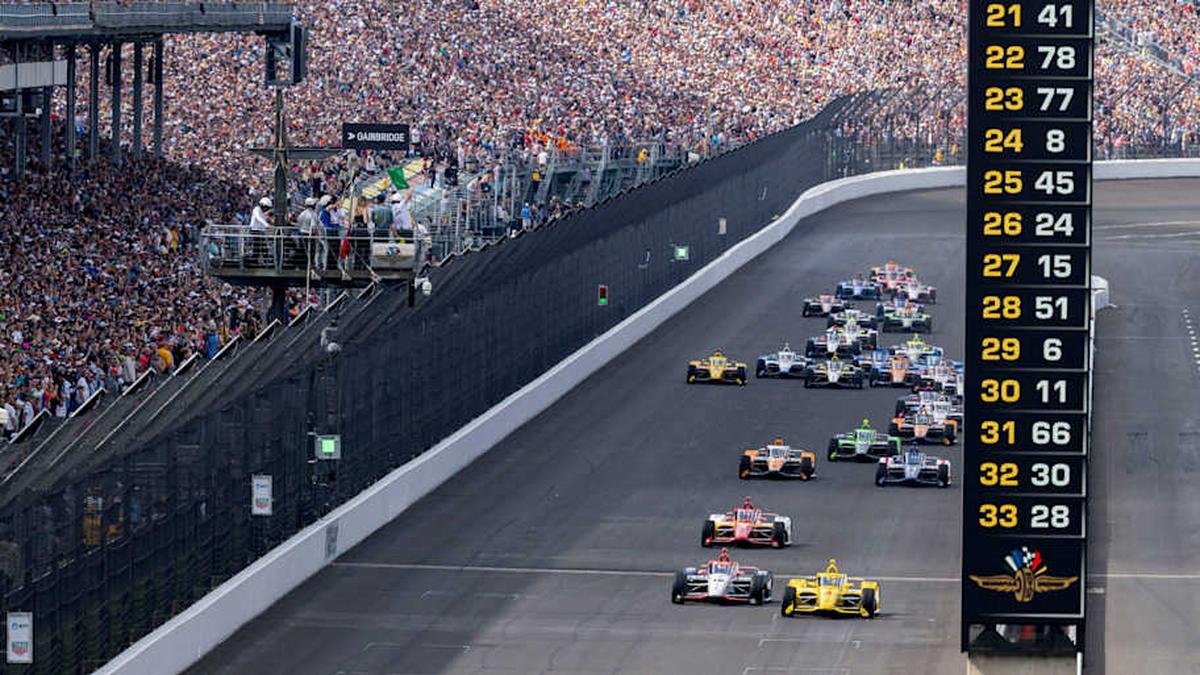  Team Penske driver Scott McLaughlin (3) leads the field across the yard of bricks Sunday, May 26, 2024, during the 108th running of the Indianapolis 500 at Indianapolis Motor Speedway. | Doug McSchooler/For IndyStar / USA TODAY NETWORK 