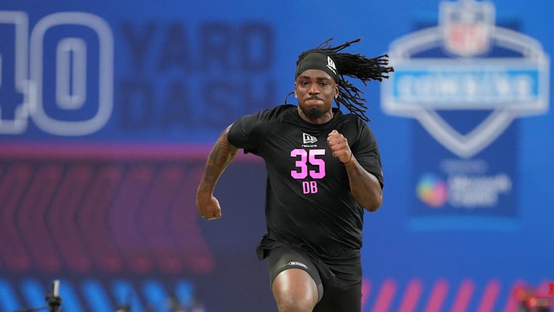  Feb 27, 2026; Indianapolis, IN, USA; Southern California defensive back Bishop Fitzgerald (DB35) during the NFL Scouting Combine at Lucas Oil Stadium. Mandatory Credit: Kirby Lee-Imagn Images | Kirby Lee-Imagn Images 