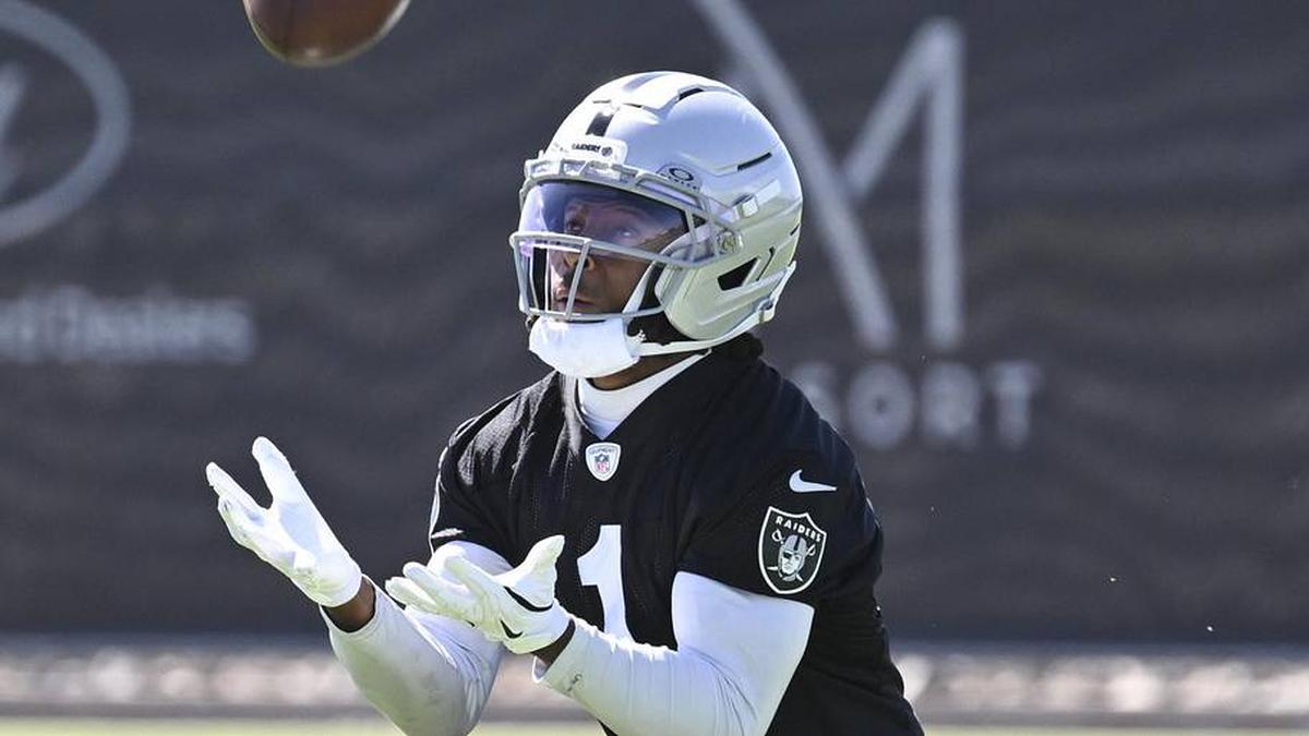  May 20, 2026; Henderson, NV, USA; Las Vegas Raiders wide receiver Tre Tucker (1) practices during organized team activities at Intermountain Health Performance Center. Mandatory Credit: Candice Ward-Imagn Images | Candice Ward-Imagn Images 