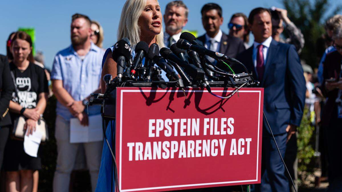 Rep. Marjorie Taylor Greene (R-Ga.) speaks during a news conference about the Epstein files on Capitol Hill in Washington on Sept. 3. 