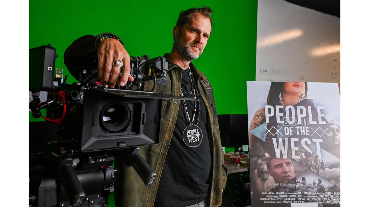 Temecula-based filmmaker Brad Munoa rests against a camera at his studio in Pechanga on Wednesday, July 1, 2026. A member of the Pechanga Band of Indians and the To?oval clan, Munoa created People of the West, a docuseries that explores California’s history through Native American perspectives. (Photo by Anjali Sharif-Paul, The Sun/SCNG)