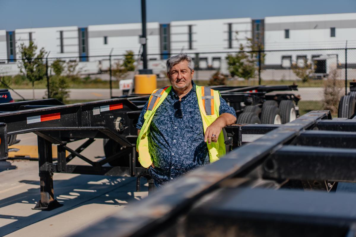 Bob Ilibasic, terminal manager at American Marine Express, in Joliet, Ill., on Sept. 15, 2025. Ilibasic was a close friend of Ryan Hart, who was killed in 2020 when a semi rear-ended his camper at the height of morning rush hour. He manages a fleet of truck drivers, and says safety is his biggest priority. (Jamie Kelter Davis/The New York Times)....