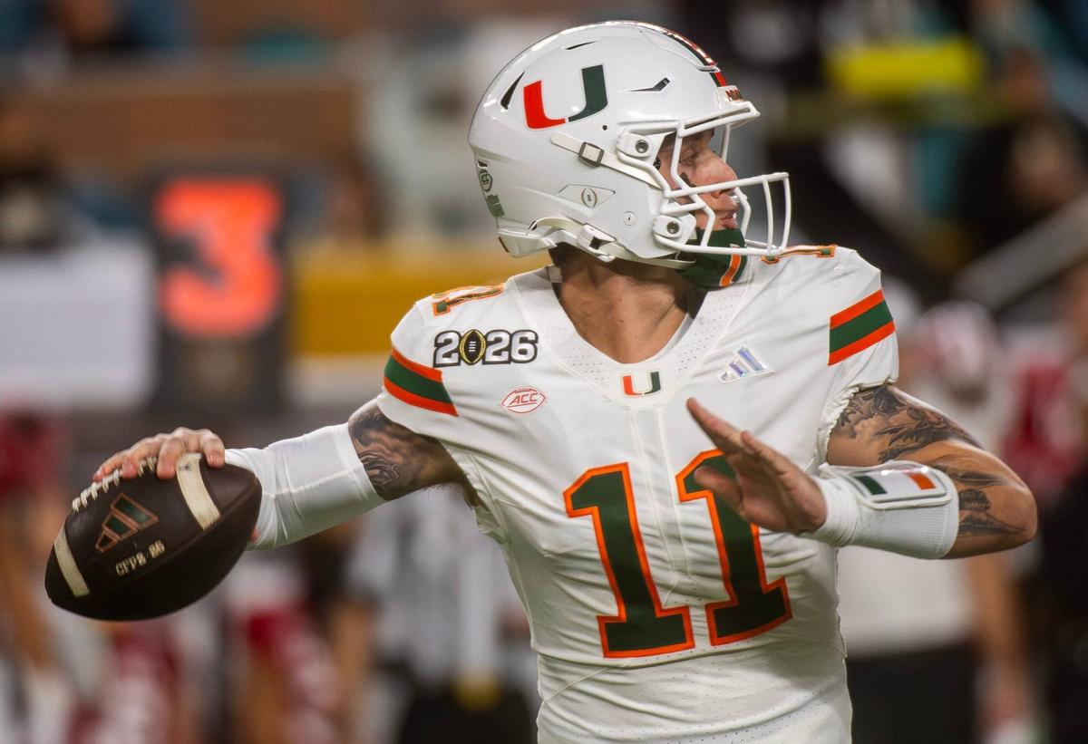  Miami's Carson Beck (11) throws during the College Football Playoff National Championship college football game at Hard Rock Stadium in Miami Gardens on Jan. 19, 2026. Rich Janzaruk/Herald-Times / USA TODAY NETWORK