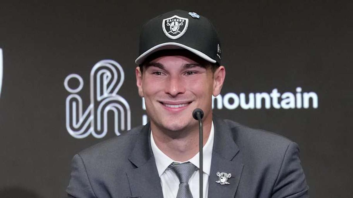  Apr 24, 2026; Henderson, NV, USA; Las Vegas Raiders quarterback Fernando Mendoza speaks at introductory press conference at Intermountain Health Performance Center after being selected as the No. 1 pick in the 2026 NFL Draft. Mandatory Credit: Kirby Lee-Imagn Images | Kirby Lee-Imagn Images 