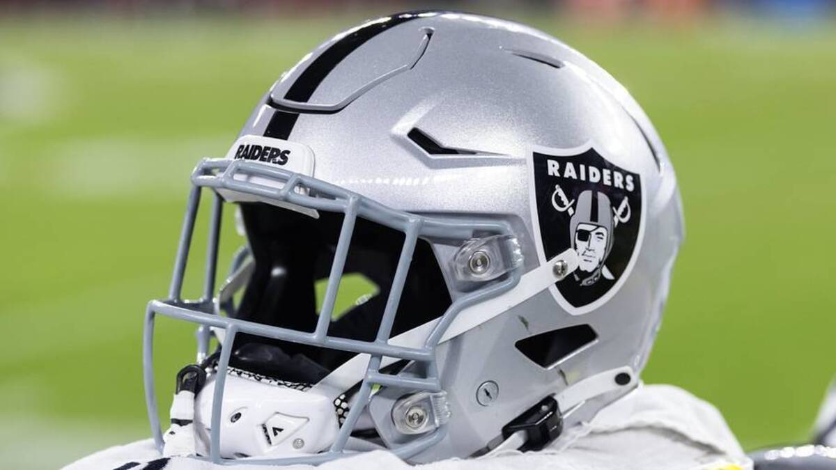  Aug 23, 2025; Glendale, Arizona, USA; Detailed view of a Las Vegas Raiders helmet during a preseason NFL game at State Farm Stadium. Mandatory Credit: Mark J. Rebilas-Imagn Images | Mark J. Rebilas-Imagn Images 