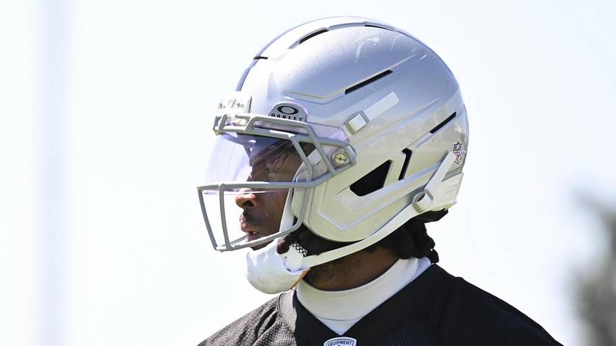  May 20, 2026; Henderson, NV, USA; Las Vegas Raiders wide receiver Tre Tucker (1) practices during organized team activities at Intermountain Health Performance Center. Mandatory Credit: Candice Ward-Imagn Images | Candice Ward-Imagn Images 