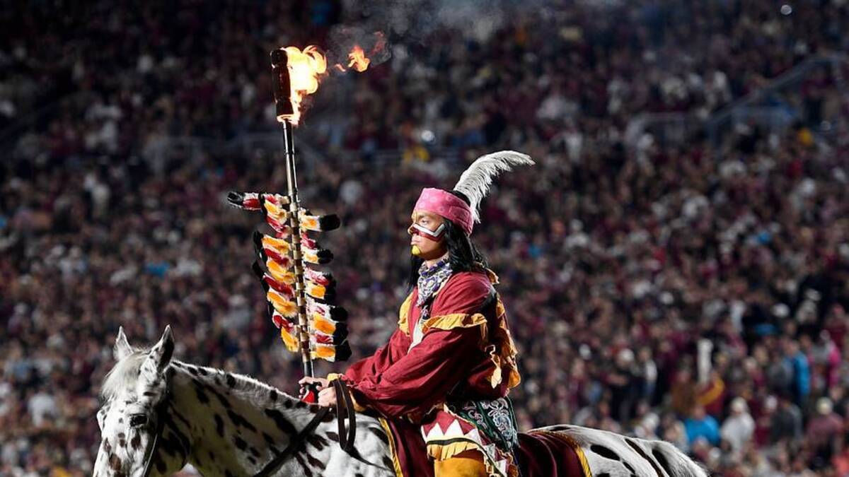  Nov 15, 2025; Tallahassee, Florida, USA; Florida State Seminoles symbols Osceola and Renegade before the game against the Virginia Tech Hokies at Doak S. Campbell Stadium. Mandatory Credit: Melina Myers-Imagn Images | IMAGN IMAGES via Reuters Connect 