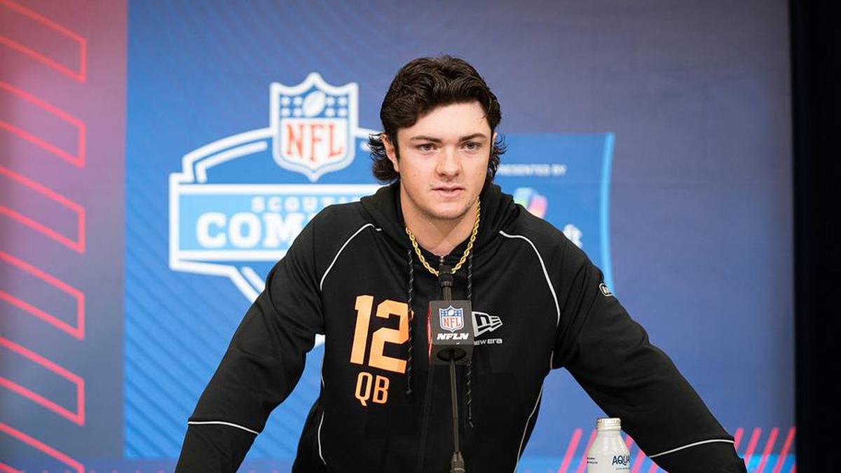  Feb 27, 2026; Indianapolis, IN, USA; Texas Tech quarterback Behren Morton (QB12) speaks to members of the media during the NFL Combine at the Indiana Convention Center. Mandatory Credit: Jacob Musselman-Imagn Images | Jacob Musselman-Imagn Images 