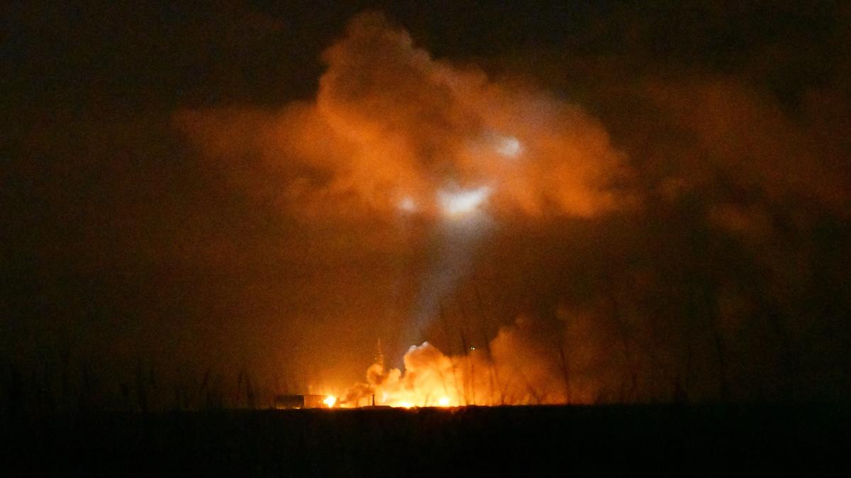 The New Glenn launch pad, visible from south Cocoa Beach, is seen in flames shortly after 9 a.m. Thursday, May 28.