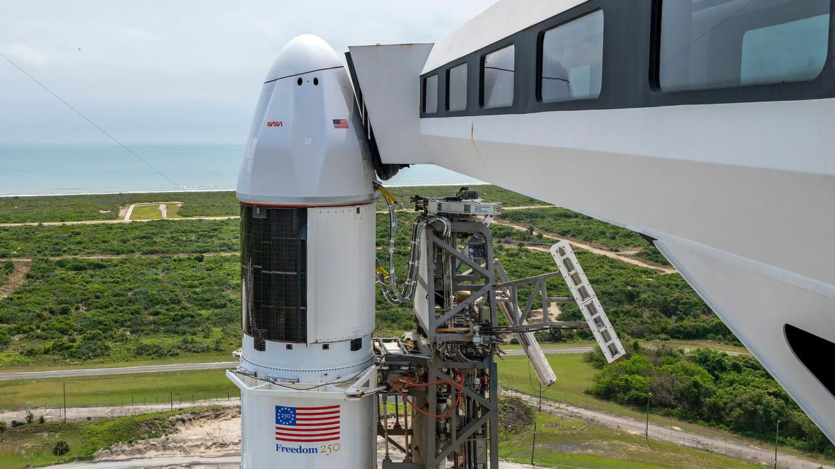 A SpaceX cargo Dragon spacecraft sits atop a Falcon 9 rocket at Cape Canaveral Space Force Station’s Space Launch Complex 40 on Monday, May 11, 2026, ahead of the CRS-34 mission to the International Space Station. (SpaceX/TNS)