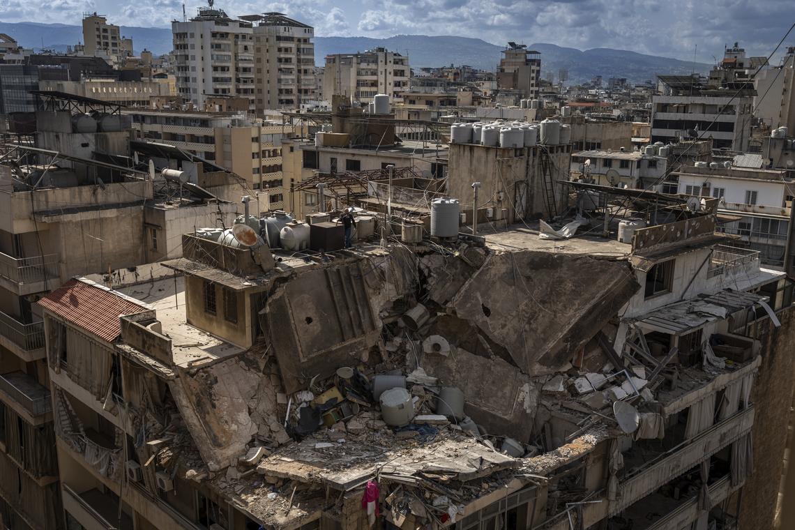 A damaged apartment building in the neighborhood near the Corniche, the seaside promenade, in Beirut, Lebanon, on Monday, April 13, 2026. According to the Lebanese government, more than 2,000 people have been killed in the country since the Iran-backed militia Hezbollah fired on northern Israel in early March, prompting a widening Israeli ground invasion. (Diego Ibarra Sánchez/The New York Times)