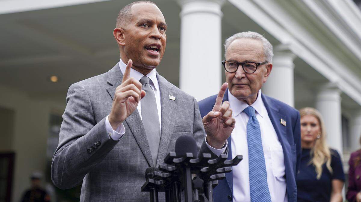 House Minority Leader Hakeem Jeffries, with Senate Minority Leader Chuck Schumer, delivers remarks to the news media following a meeting of Congressional leadership about the government shutdown with President Donald Trump at the White House in Washington on Monday.