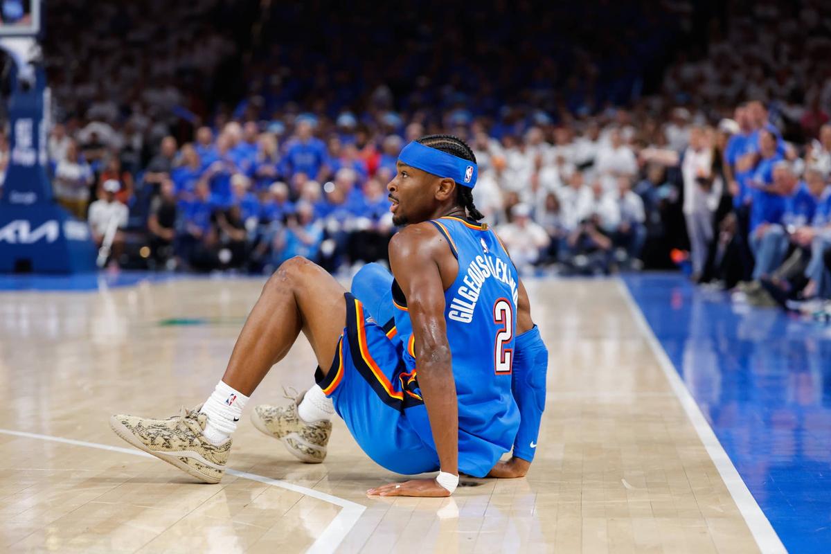  May 20, 2026; Oklahoma City, Oklahoma, USA; Oklahoma City Thunder guard Shai Gilgeous-Alexander (2) reacts to a play during the fourth quarter against the San Antonio Spurs during game two of the western conference finals for the 2026 NBA playoffs at Paycom Center. Mandatory Credit: Alonzo Adams-Imagn Images 