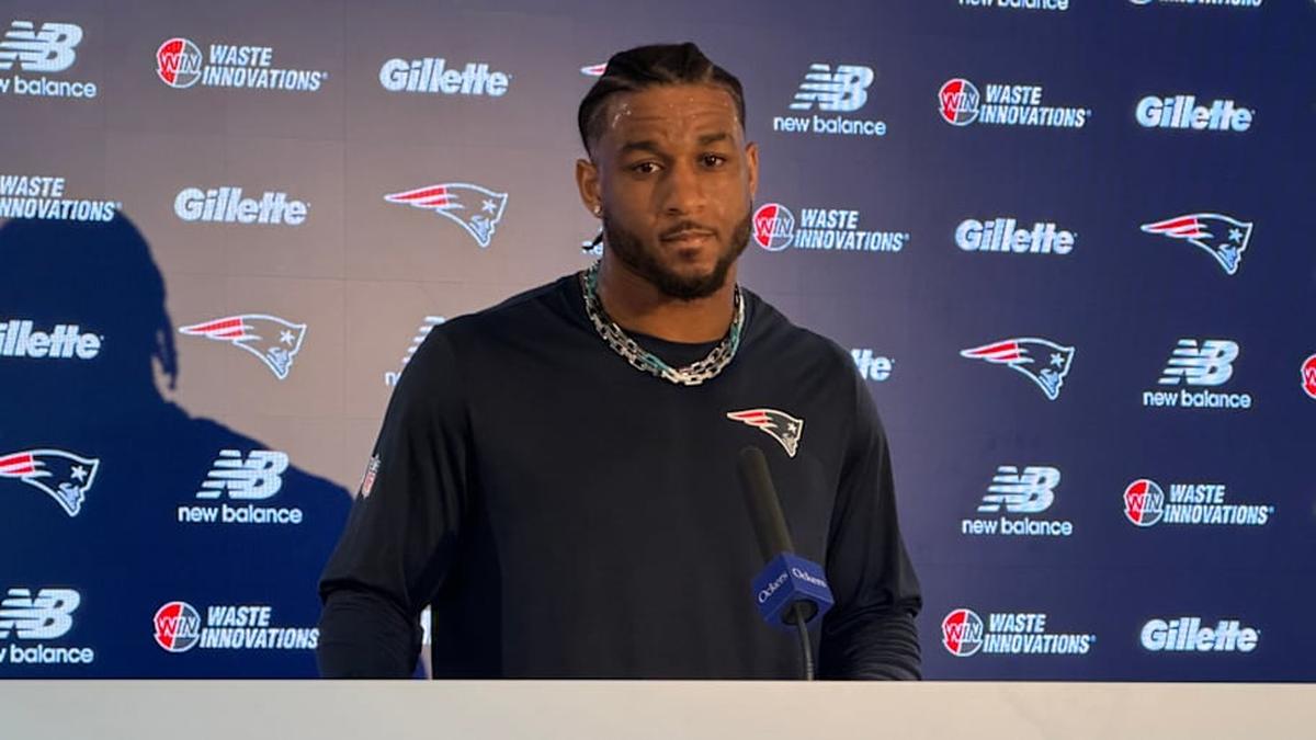  New England Patriots safety Mike Brown addresses the media following a voluntary offseason workout. | Ethan Hurwitz / Patriots On SI 