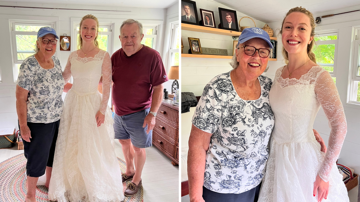 Catherine Michelle trying the dress on with her grandparents in 2025. 