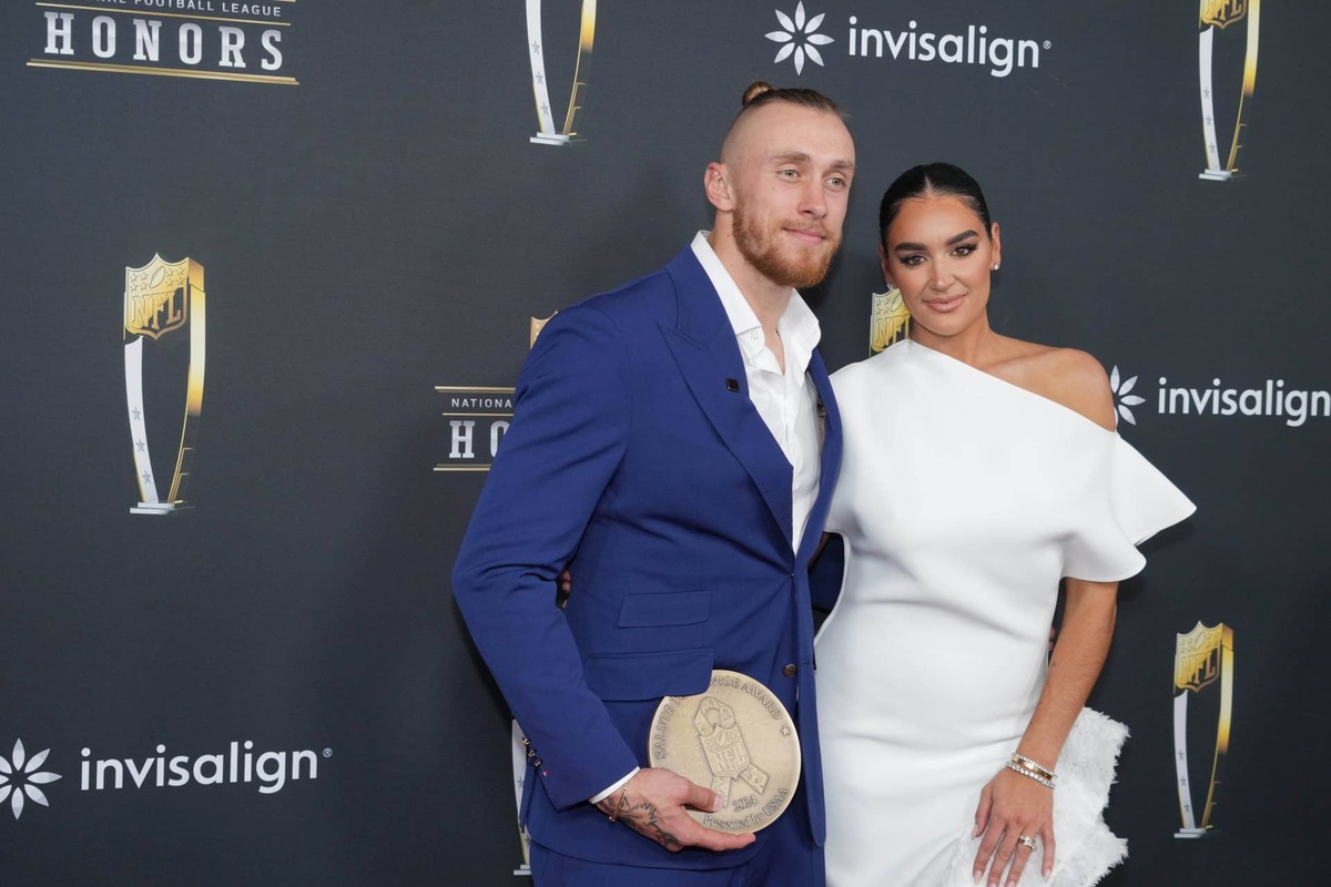  Feb 6, 2025; New Orleans, LA, USA; George Kittle and Claire Kittle on the red carpet before Super Bowl LIX NFL Honors at Saenger Theatre. Mandatory Credit: Kirby Lee-Imagn Images 