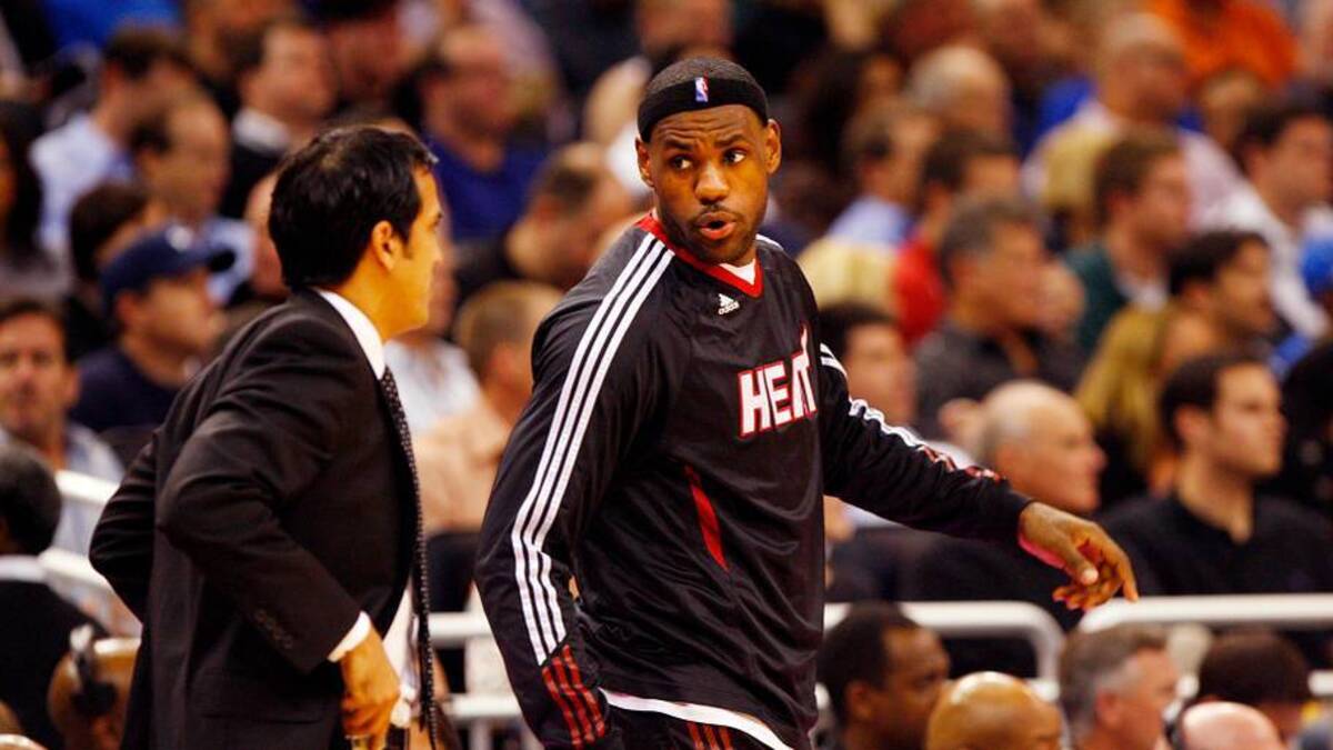 February 3, 2011; Orlando, FL, USA; Miami Heat head coach Erik Spoelstra talks with small forward LeBron James (6) during the second quarter against the Orlando Magic at Amway Center. Mandatory Credit: Kim Klement-USA TODAY Sports | IMAGN IMAGES via Reuters Connect 